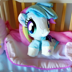 Size: 512x512 | Tagged: safe, imported from derpibooru, ai content, ai generated, crib, foal, generator:stable diffusion, photo, plushie, solo