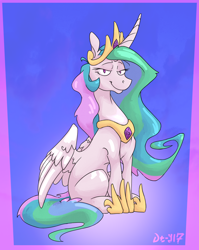Size: 1158x1458 | Tagged: safe, artist:danton-y17, imported from derpibooru, princess celestia, alicorn, pony, abstract background, bedroom eyes, jewelry, regalia, sitting, smiling, solo