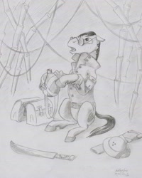Size: 560x700 | Tagged: safe, artist:adeptus-monitus, imported from derpibooru, oc, oc only, earth pony, pony, bag, clothes, hat, jungle, machete, monochrome, pith helmet, saddle bag, solo, traditional art