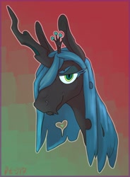 Size: 2276x3096 | Tagged: source needed, useless source url, safe, artist:danton-y17, imported from derpibooru, queen chrysalis, changeling, changeling queen, abstract background, bust, eyeshadow, female, heart, jewelry, lidded eyes, looking at you, makeup, portrait, regalia, smiling, solo