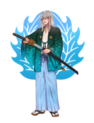Size: 1554x2029 | Tagged: safe, artist:keiq79, imported from derpibooru, oc, oc only, oc:king ao, changeling, dragon, human, clothes, emblem, heterochromia, humanized, katana, kimono (clothing), looking at you, samurai, sandals, simple background, smiling, smiling at you, solo, sword, weapon, white background