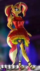 Size: 2160x3840 | Tagged: safe, artist:shadowboltsfm, imported from derpibooru, sunset shimmer, anthro, plantigrade anthro, unicorn, 3d, beautiful, blender, breasts, busty sunset shimmer, clothes, dress, eyeshadow, feet, female, hand on hip, high heels, high res, lidded eyes, lipstick, makeup, not sfm, open-toed shoes, pants, shoes, smiling, solo, wedge heel