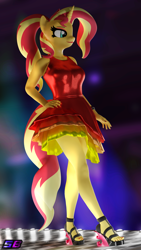 Size: 2160x3840 | Tagged: safe, artist:shadowboltsfm, imported from derpibooru, sunset shimmer, anthro, plantigrade anthro, unicorn, 3d, beautiful, blender, breasts, busty sunset shimmer, clothes, dress, eyeshadow, feet, female, hand on hip, high heels, high res, lidded eyes, lipstick, makeup, not sfm, open-toed shoes, shoes, smiling, solo, wedge heel