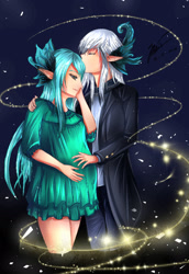 Size: 1600x2332 | Tagged: safe, artist:raydhen, artist:sakurafaith, imported from derpibooru, queen chrysalis, oc, oc:king ao, anthro, elf, canon x oc, clothes, colored, couple, elf ears, eyes closed, forehead kiss, hand on belly, hand on cheek, hand on shoulder, humanoid, jewelry, kissing, long hair, nightgown, pants, pregnant, ring, sketch, smiling, sparkles, wedding ring, wholesome