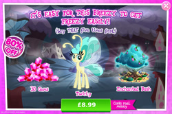Size: 1956x1297 | Tagged: safe, imported from derpibooru, twirly, breezie, advertisement, ambiguous gender, antennae, bush, costs real money, enchanted, english, eyelashes, gameloft, gem, insect wings, mushroom, my little pony: magic princess, numbers, official, sale, solo, solo focus, spread wings, text, tree, wings