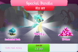 Size: 1266x857 | Tagged: safe, imported from derpibooru, twirly, breezie, ambiguous gender, antennae, bundle, bush, costs real money, enchanted, english, eyelashes, gameloft, gem, insect wings, mushroom, my little pony: magic princess, numbers, official, sale, solo, solo focus, spread wings, text, water, waterfall, wings