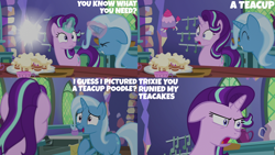Size: 4400x2475 | Tagged: safe, edit, edited screencap, editor:quoterific, imported from derpibooru, screencap, starlight glimmer, trixie, all bottled up, kitchen, teacakes, twilight's castle