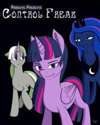 Size: 2400x3000 | Tagged: safe, artist:ruirik, imported from derpibooru, princess luna, twilight sparkle, oc, oc:dawn ember, alicorn, pony, unicorn, black background, fanfic, fanfic art, fanfic cover, simple background, twilight sparkle (alicorn)