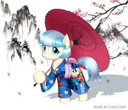 Size: 1736x1491 | Tagged: safe, artist:vinilyart, imported from derpibooru, coco pommel, earth pony, pony, cherry blossoms, clothes, cocobetes, cute, female, flower, flower blossom, holding, kimono (clothing), mare, mountain, pagoda, scenery, simple background, smiling, solo, umbrella, white background