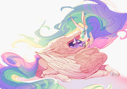 Size: 2400x1700 | Tagged: safe, artist:yuyusunshine, imported from derpibooru, princess celestia, twilight sparkle, alicorn, pony, duo, duo female, eyebrows, eyebrows visible through hair, female, high res, lying down, mare, momlestia, prone, shadow, signature, simple background, smiling, white background