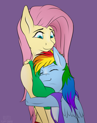 Size: 2388x3024 | Tagged: safe, artist:fluffyorbiter, imported from derpibooru, fluttershy, rainbow dash, anthro, pegasus, big breasts, braless, breast pillow, breast squish, breasts, busty fluttershy, clothes, comfy, delicious flat chest, duo, duo female, female, flutterdash, grin, height difference, hug, lesbian, looking down, muscles, purple background, rainbow flat, rainbuff dash, shipping, shirt, simple background, size difference, smiling, smoldash, smothering, squishy, tallershy, undershirt