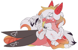 Size: 5231x3389 | Tagged: source needed, safe, artist:beardie, imported from derpibooru, oc, oc:season's greetings, oc:yiazmat, draconequus, unicorn, chest fluff, couple, cute, draconequus oc, female, horn, licking, male, oc x oc, shipping, simple background, tongue out, transparent background, unicorn oc