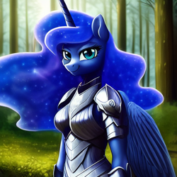 Size: 1024x1024 | Tagged: safe, derpibooru exclusive, editor:dovakkins, imported from derpibooru, princess luna, alicorn, anthro, ai content, ai generated, armor, beautiful, clothes, female, forest background, generator:stable diffusion, grass, happy, looking at you, smiling, smiling at you, solo, warrior luna, wings