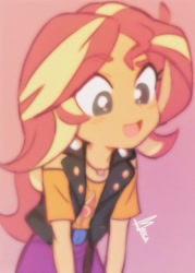 Size: 735x1024 | Tagged: safe, artist:makaryo, imported from derpibooru, sunset shimmer, human, equestria girls, belt, clothes, cute, female, jacket, leather, leather jacket, open mouth, pink background, shimmerbetes, shirt, simple background, skirt, solo, t-shirt