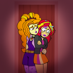 Size: 2048x2048 | Tagged: safe, artist:shippart, imported from derpibooru, adagio dazzle, sunset shimmer, human, equestria girls, after kiss, drool, duo, female, fetish, forced, kiss mark, kissy face, lesbian, lipstick, lipstick fetish, looking at someone, looking down, one sided shipping, purple lipstick, shipping, shivering, story in the source, sunsagio, traumatized