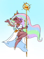 Size: 1933x2581 | Tagged: safe, artist:shugrcube, imported from derpibooru, princess celestia, human, clothes, crown, dark skin, dress, female, high heels, humanized, jewelry, midriff, one eye closed, open mouth, regalia, shoes, skirt, solo, staff, wink