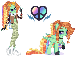 Size: 1039x769 | Tagged: safe, artist:gihhbloonde, imported from derpibooru, oc, oc only, pegasus, pony, equestria girls, adoptable, bomber jacket, choker, clothes, ear piercing, earring, equestria girls-ified, eyebrow piercing, feather, female, fingerless gloves, gloves, jacket, jewelry, magical lesbian spawn, mare, multicolored hair, necklace, offspring, pants, parent:rainbow dash, parent:tree hugger, piercing, rainbow hair, raised hoof, shoes, simple background, sneakers, socks, solo, sports bra, sunglasses, sweatpants, transparent background