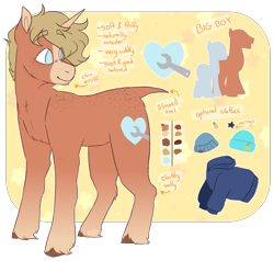 Size: 1789x1700 | Tagged: safe, artist:eggoatt, imported from twibooru, oc, oc only, oc:space cadet, pony, unicorn, beanie, clothes, freckles, hat, hoodie, image, male, png, reference sheet, shaved tail, simple background, solo, stallion, transparent background, unshorn fetlocks, wrench