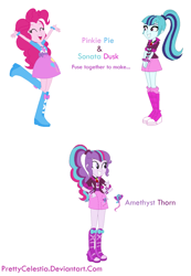 Size: 872x1260 | Tagged: safe, artist:prettycelestia, imported from twibooru, pinkie pie, sonata dusk, boots, bow, bracelet, clothes, fusion, gem, high heel boots, image, jewelry, png, ponytail, shoes, siren gem