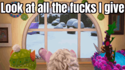 Size: 1280x716 | Tagged: safe, edit, edited screencap, imported from derpibooru, screencap, izzy moonbow, sunny starscout, spoiler:g5, spoiler:winter wishday, animated, flower, g5, grandma figgy, indoors, looking out the window, no fucks, picture frame, reaction image, seashell, snow, snowfall, sound, tree branch, vulgar, waving, webm, window, winter, winter wishday