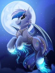 Size: 1900x2500 | Tagged: safe, artist:starcasteclipse, imported from derpibooru, oc, oc only, bat pony, pony, commission, flying, glowing, glowing hooves, harness, jingle bells, moon, smiling, solo, tack, ych result