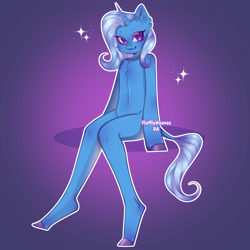 Size: 4000x4000 | Tagged: safe, artist:flufflyhooves, imported from derpibooru, trixie, anthro, semi-anthro, unguligrade anthro, unicorn, arm hooves, blushing, chest fluff, female, sitting, solo