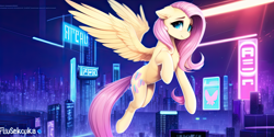 Size: 2048x1024 | Tagged: safe, imported from derpibooru, fluttershy, pegasus, pony, ai content, ai generated, chest fluff, city, cyberpunk, female, floppy ears, flying, generator:novelai, generator:stable diffusion, looking at you, smiling, solo, spread wings, wings