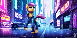 Size: 2048x1024 | Tagged: safe, imported from derpibooru, scootaloo, pegasus, pony, ai content, ai generated, car, city, clothes, cyberpunk, female, generator:novelai, generator:stable diffusion, jacket, leather, leather jacket, looking up, solo, sternocleidomastoid, street, the quality of ai art is frightening, walking, wingless