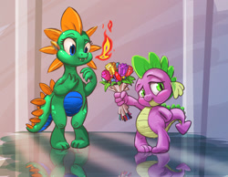Size: 1712x1329 | Tagged: safe, artist:harwick, imported from derpibooru, spike, oc, oc:emziko, dragon, bouquet of flowers, canon x oc, closed mouth, crystal flower, dragon oc, dragonfire, duo, duo male and female, eyes open, fangs, female, fire, fire breath, flower, gem, male, non-pony oc, reflection, shipping, spiko, straight