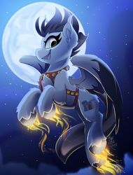 Size: 1900x2500 | Tagged: safe, artist:starcasteclipse, imported from derpibooru, oc, oc only, oc:athena knight, pegasus, pony, commission, female, flying, glowing, glowing hooves, harness, jingle bells, mare, moon, night, smiling, solo, stars, tack, wings, ych result