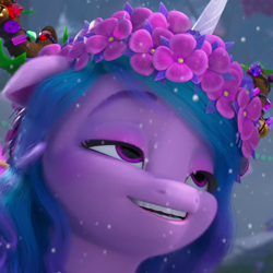 Size: 850x850 | Tagged: safe, imported from derpibooru, screencap, izzy moonbow, pony, unicorn, spoiler:g5, spoiler:winter wishday, cropped, female, floral head wreath, flower, g5, mare, my little pony: make your mark, my little pony: make your mark chapter 3, snow, snowfall, solo, winter wishday