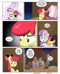 Size: 3000x3700 | Tagged: safe, artist:begoliah, imported from derpibooru, apple bloom, scootaloo, sweetie belle, oc, earth pony, pegasus, pony, unicorn, comic:crusaders, comic, cutie mark crusaders, female, male, raving, royal guard