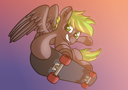 Size: 1920x1358 | Tagged: safe, artist:ebunix, imported from derpibooru, oc, oc only, oc:lightflare, pegasus, pony, airborne, grin, male, pegasus oc, simple background, skateboard, smiling, solo, spread wings, stallion, wings