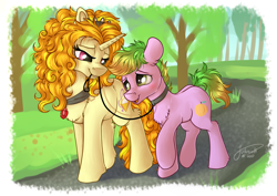 Size: 4093x2894 | Tagged: safe, artist:julunis14, imported from derpibooru, adagio dazzle, oc, oc:peach cobbler, earth pony, pony, unicorn, comic:we will be adored, collar, cute, leash, park, path, pet play, ponified, ponified siren, submissive, tree