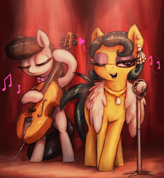 Size: 2330x2530 | Tagged: safe, artist:t72b, imported from derpibooru, cleopatra jazz, octavia melody, earth pony, pony, bedroom eyes, bipedal, bowtie, cello, duo, duo female, ear piercing, earring, eyes closed, eyeshadow, feather boa, female, hoof hold, jewelry, makeup, mare, microphone, music notes, musical instrument, necklace, one eye closed, piercing, singing, spotlight, wink