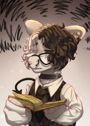 Size: 2500x3500 | Tagged: safe, artist:medkit, imported from derpibooru, oc, oc only, earth pony, pony, birthmark, book, choker, clothes, devil tail, ear piercing, glasses, gradient background, half-open eyes, high res, lidded eyes, male, nose piercing, paint tool sai 2, piercing, reading, sad, shirt, sketch, sleeveless, sleeveless pullover, sleeveless sweater, solo, stallion, sweater, tail, tired