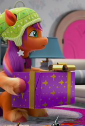 Size: 580x860 | Tagged: safe, imported from derpibooru, screencap, sunny starscout, earth pony, pony, spoiler:g5, spoiler:winter wishday, cropped, female, g5, mane stripe sunny, mare, my little pony: make your mark, my little pony: make your mark chapter 3, present, sitting, solo, winter wishday