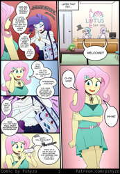 Size: 1485x2145 | Tagged: safe, artist:pshyzomancer, imported from derpibooru, aloe, fluttershy, lotus blossom, rarity, human, comic:tactile response, equestria girls, bag, blushing, breasts, busty fluttershy, busty rarity, clothes, comic, dialogue, female, logo, spa, spa twins, speech bubble, text