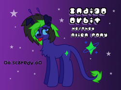 Size: 1600x1194 | Tagged: safe, artist:scarecrowkitty, imported from derpibooru, oc, oc only, oc:indigo orbit, alien, alien pony, pony, antenna, chest fluff, cutie mark, dog ears, ear piercing, emo, eye clipping through hair, gradient background, looking at you, male, piercing, pronouns, reference sheet, signature, solo, starry background, tongue out