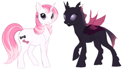 Size: 1264x724 | Tagged: safe, artist:lolicoom, imported from derpibooru, oc, oc:silky shimmer, changeling, pony, unicorn, adorable face, bowtie, changeling oc, cute, happy, joy, pink changeling wings, pink hair, pink mane, pretty, purple changeling, purple eyes, simple background, smiling, white background, white fur