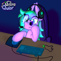 Size: 4000x4000 | Tagged: safe, artist:silvaqular, imported from derpibooru, oc, oc only, oc:cyanette, pony, desk, eye clipping through hair, female, keyboard, mare