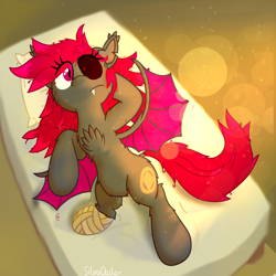 Size: 4000x4000 | Tagged: safe, artist:silvaqular, imported from derpibooru, oc, oc only, oc:neon shift, bat pony, pony, bandage, bandaged leg, bed, female, lying, mare