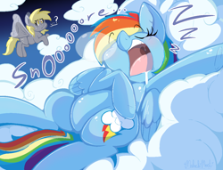 Size: 1108x846 | Tagged: safe, artist:malachimoet, imported from derpibooru, derpy hooves, rainbow dash, pegasus, pony, cloud, cute, derp, drool, duo, female, flying, frog (hoof), lying down, majestic as fuck, mare, on back, onomatopoeia, open mouth, question mark, saliva puddle, salivating, sleeping, slimy, snoring, snot bubble, sound effects, underhoof, uvula, volumetric mouth, zzz