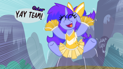 Size: 2560x1440 | Tagged: safe, artist:silvaqular, imported from derpibooru, oc, oc only, oc:qular, pony, bow, cheerful, cheerleader, female, hair bow, happy, mare, mountain, yay