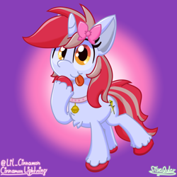 Size: 4000x4000 | Tagged: safe, artist:silvaqular, imported from derpibooru, oc, oc only, oc:cinnamon lightning, pony, unicorn, bell, bell collar, bow, collar, cute, female, hair bow, mare, tongue out