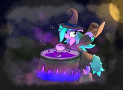 Size: 3000x2200 | Tagged: safe, artist:silvaqular, imported from derpibooru, oc, oc only, oc:cyanette, earth pony, pony, book, cauldron, clothes, cute, fantasy class, female, fog, mare, moon, night, solo, witch