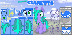 Size: 6000x2969 | Tagged: safe, artist:silvaqular, imported from derpibooru, oc, oc only, oc:cyanette, earth pony, pony, bliss xp, bow, clothes, cutie mark, dress, female, hair bow, jewelry, looking at you, mare, microsoft windows, necklace, reference sheet, solo, windows xp