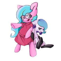 Size: 1051x1051 | Tagged: safe, artist:笑北蕲, imported from derpibooru, oc, oc only, pony, derpibooru community collaboration, 2023 community collab, bipedal, clothes, duo, female, fishnets, glasses, simple background, transparent background, underhoof