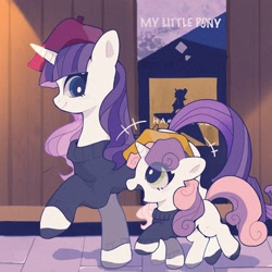 Size: 1600x1600 | Tagged: safe, artist:zhen8558, imported from derpibooru, rarity, sweetie belle, pony, unicorn, beatnik, beatnik rarity, belle sisters, beret, clothes, cute, diasweetes, duo, excited, eye clipping through hair, female, filly, foal, hamilton, hat, mare, poster, siblings, sisters, smiling, sweater, talking