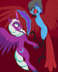 Size: 2617x3217 | Tagged: safe, artist:madtown97, imported from derpibooru, opaline arcana, oc, oc:stolas, alicorn, bird, demon, owl, pony, spoiler:g5, spoiler:my little pony: make your mark, claws, female, fight, fight scene, fire, g5, high res, magic, mare, my little pony: a new generation, my little pony: make your mark